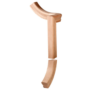An abstract wooden sculpture featuring two curved segments, reminiscent of Holmes' Left Hand Gooseneck Up Easing Fitting for the 6010 Handrail (7050-2), along with a rectangular piece arranged vertically. The top segment is oriented upward, while the bottom segment faces downward, resulting in a visually captivating formation.