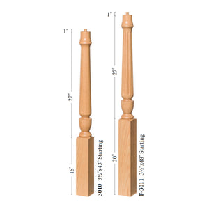 Bunker Hill 3-1/2" 3010/3011 Pin Top Turned Newel (43" and 48" in Plain, Fluted, or Twisted)