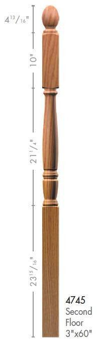 Georgia 3" x 60" 4745 10" Long Block Turned Newel w/Plain Pineapple Top (4745, 4745F, 4745T)
