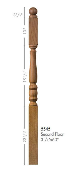 Utah 3-1/2" x 60" 5545 Long Block Turned Newel w/Ball Top (Plain, Fluted, Reeded)