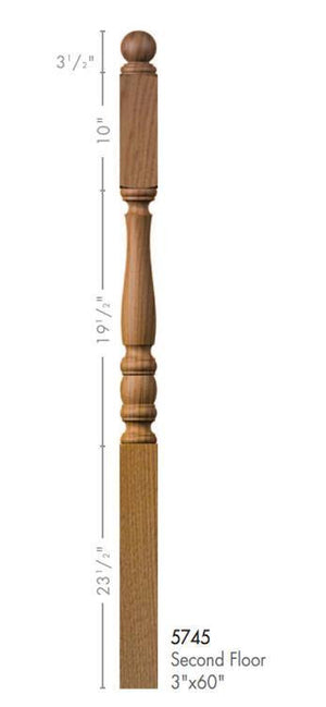 Utah 3" x 60" 5745 Long Block Turned Newel w/Ball Top (Plain, Fluted, or Reeded)