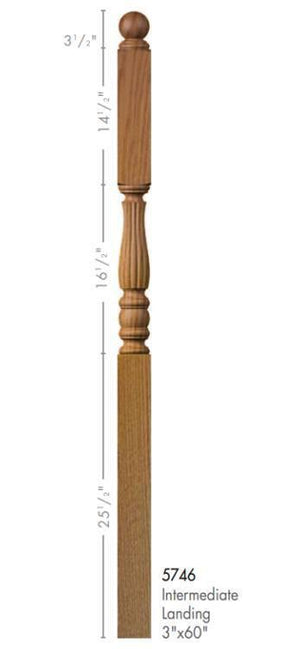 Utah 3" x 60" 5746 Long Block Turned Newel w/Ball Top (Plain, Fluted, or Reeded)