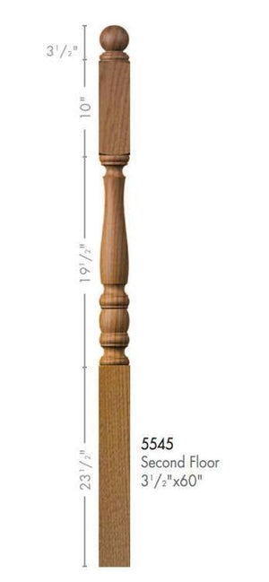 Utah 3 - 1/2" x 60" 5545 Long Block Turned Newel w/Ball Top (Plain, Fluted, Reeded) - Stair Parts USA