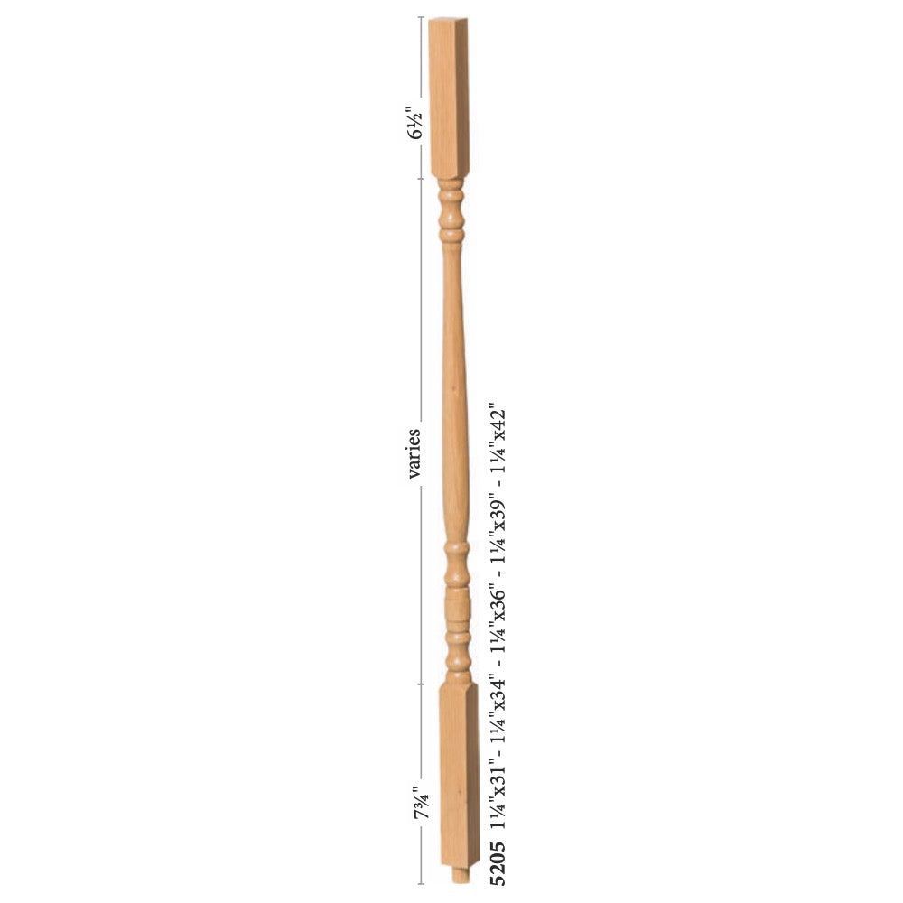 The Holmes Hampton 1-1/4&quot; 5205 Structural Rise Square Top Baluster is crafted from Red Oak, featuring turned details with a total length of 29.5 inches and a base width of 2.75 inches, including square top and bottom.