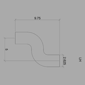 A technical drawing shows the Holmes Left Hand "S" Fitting for 6210 Handrail (7222-LH), an American-made bent pipe with dimensions: horizontal length 9.75 units, height 5 units, vertical section 2.625 units, forming an S-shape against a light gray background.