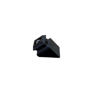A small, black, metal Holmes Angled Shoe w/ set screw for 9/16" round hollow iron baluster (9063RS-9/16R), featuring a slanted design and visible set screw, isolated on a white background.
