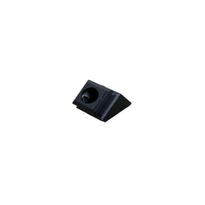 The Holmes Angled Shoe w/ set screw (9063RS-9/16R) is a small, black, wedge-shaped fitting for 9/16" round hollow iron balusters, featuring a central set screw hole and shown isolated on a white background.