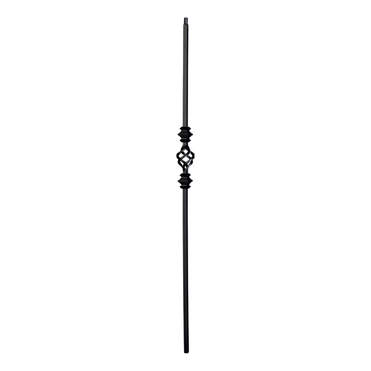 The Holmes Shape Series 1/2&quot; Square x 44&quot;H Single Basket with Double Knuckle Hollow Iron Baluster (9077) is an ornate metal baluster that features a long, slender rod with a decorative twisted Single Basket design in the center. This black Hollow Iron Baluster is designed for use in railings or staircases against a plain white background.