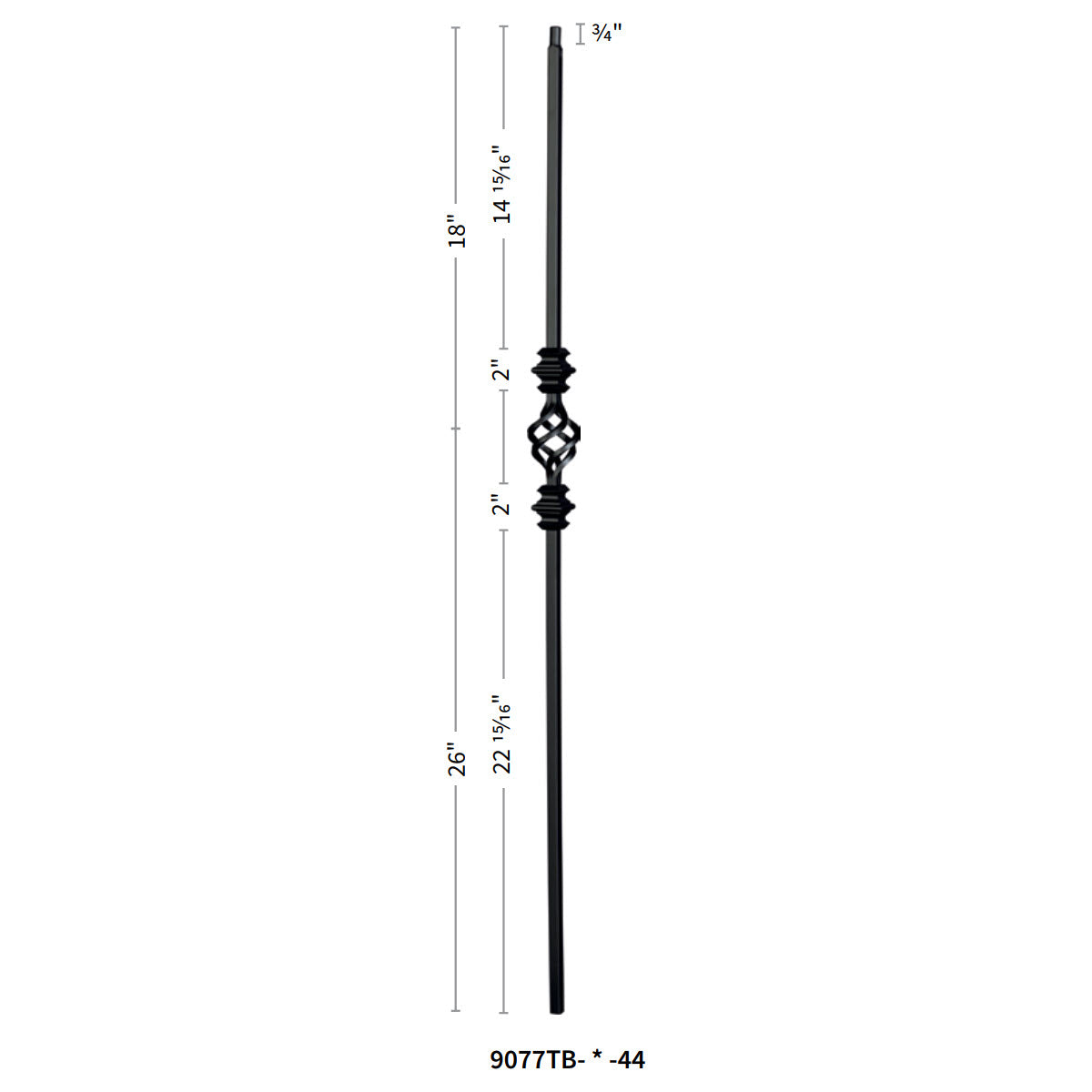 The Holmes Shape Series 1/2&quot; Square x 44&quot;H Single Basket with Double Knuckle Hollow Iron Baluster (9077) is a black metal baluster featuring an ornamental Single Basket design in the center. It stands at a total height of 44 inches, with the decorative section positioned 14⅞ inches from the top and extending for 8 inches, leaving a lower straight section measuring 26 inches.