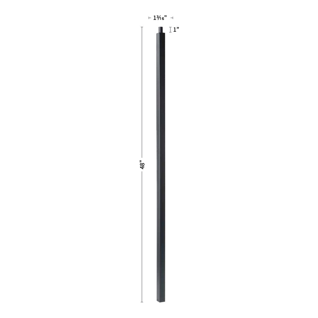 The Holmes 1-3/16&quot; x 48&quot;H Square Hollow Iron Newel (9500HN-SB-48) is a tall, slender black post with labeled dimensions, shown against a white background.
