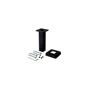 The Holmes Install Kit for 1-3/16" Square Hollow Iron Newel (9550NK-SB-SQ) includes a satin black metal post base with a square top plate, matching square cap, four anchor bolts, two hex keys, and three black plugs.