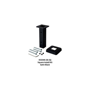 Holmes Install Kit for 1-3/16" Square Hollow Iron Newel (9550NK-SB-SQ) in satin black includes a square bracket, cover plate, 4 bolts, 4 washers, and an Allen wrench. Shown on white; text: "9550NK-SB-SQ Square Install Kit Satin Black.