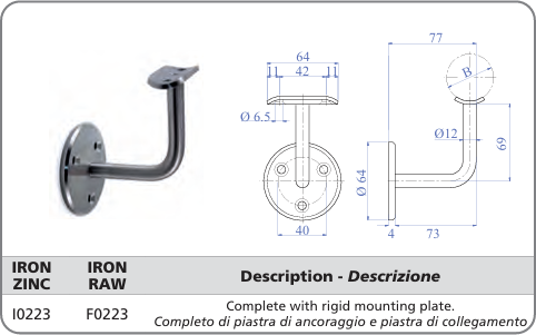 The product photo and technical drawings show the Indital Galvanized Paintable Steel Handrail Support With Rigid Mounting Plate for 1-2/3&quot; Tubular Handrail (I0223), with Italian and English text detailing its features and materials.