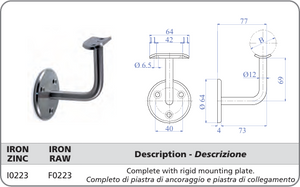 The product photo and technical drawings show the Indital Galvanized Paintable Steel Handrail Support With Rigid Mounting Plate for 1-2/3" Tubular Handrail (I0223), with Italian and English text detailing its features and materials.