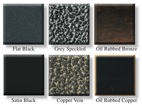 Six metal finish samples for the Carolina &quot;Ole Iron Slides&quot; Double Knuckle Adjustable Hollow Iron Baluster (1/2&quot; Sq, 30&quot;-38&quot;H) include Flat Black, Grey Speckled, Oil Rubbed Bronze, Satin Black, Copper Vein, and Oil Rubbed Copper—each with a unique look.