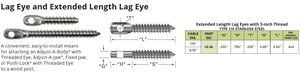 Extended Length Lag Eye For Wood posts using 1/8" or 3/16" Stainless Steel Cable Wire (LE-6L)