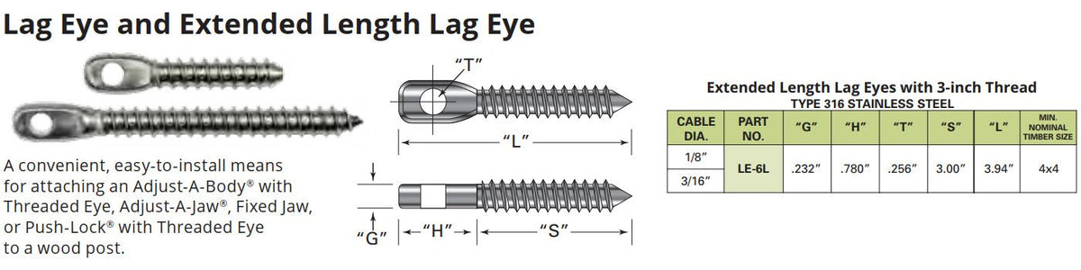 Extended Length Lag Eye For Wood posts using 1/8&quot; or 3/16&quot; Stainless Steel Cable Wire (LE - 6L) - Stair Parts USA
