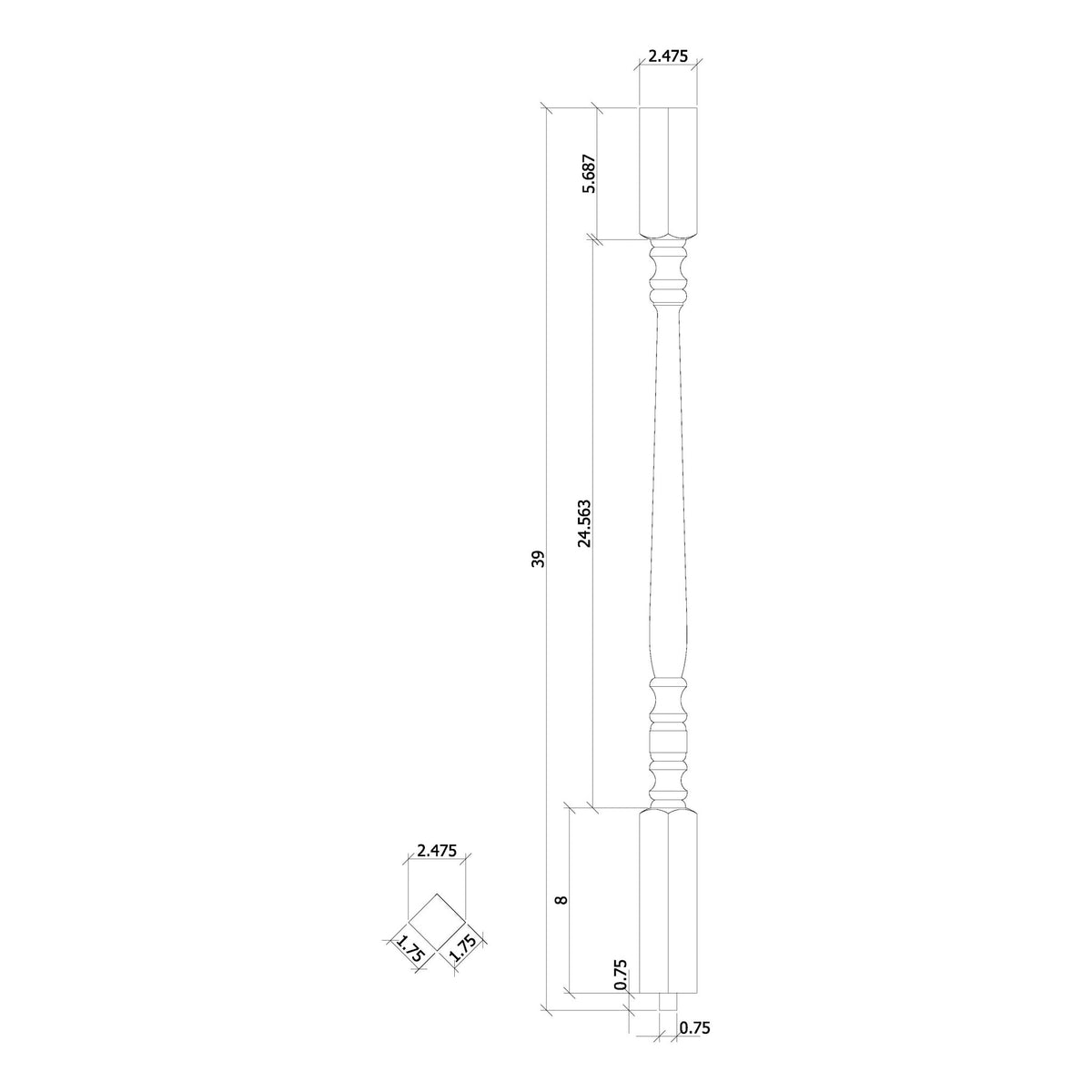 Hampton 1 - 3/4&quot; 5105 Structural Rise Square Top Baluster - Stair Parts USA
