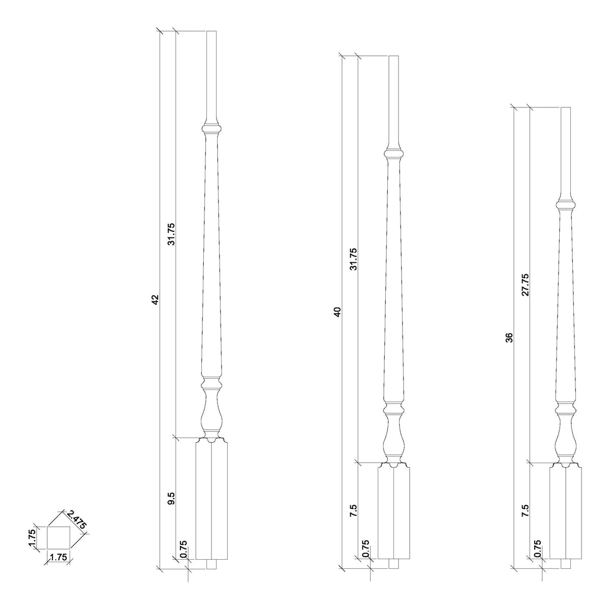 Ohio 1 - 3/4&quot; 2715 Pin Top Baluster - Elegant Rise (2715) - Stair Parts USA