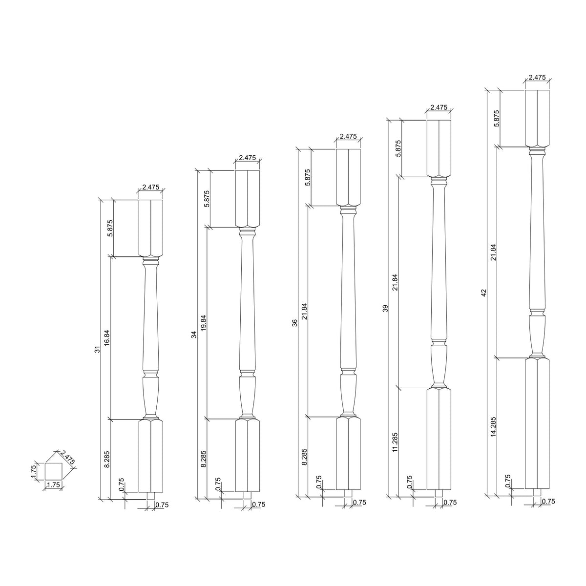 Bunker Hill 1-3/4&quot; 2005 Structural Rise Twisted (1-2 Weeks) Square Top Baluster (2005T)