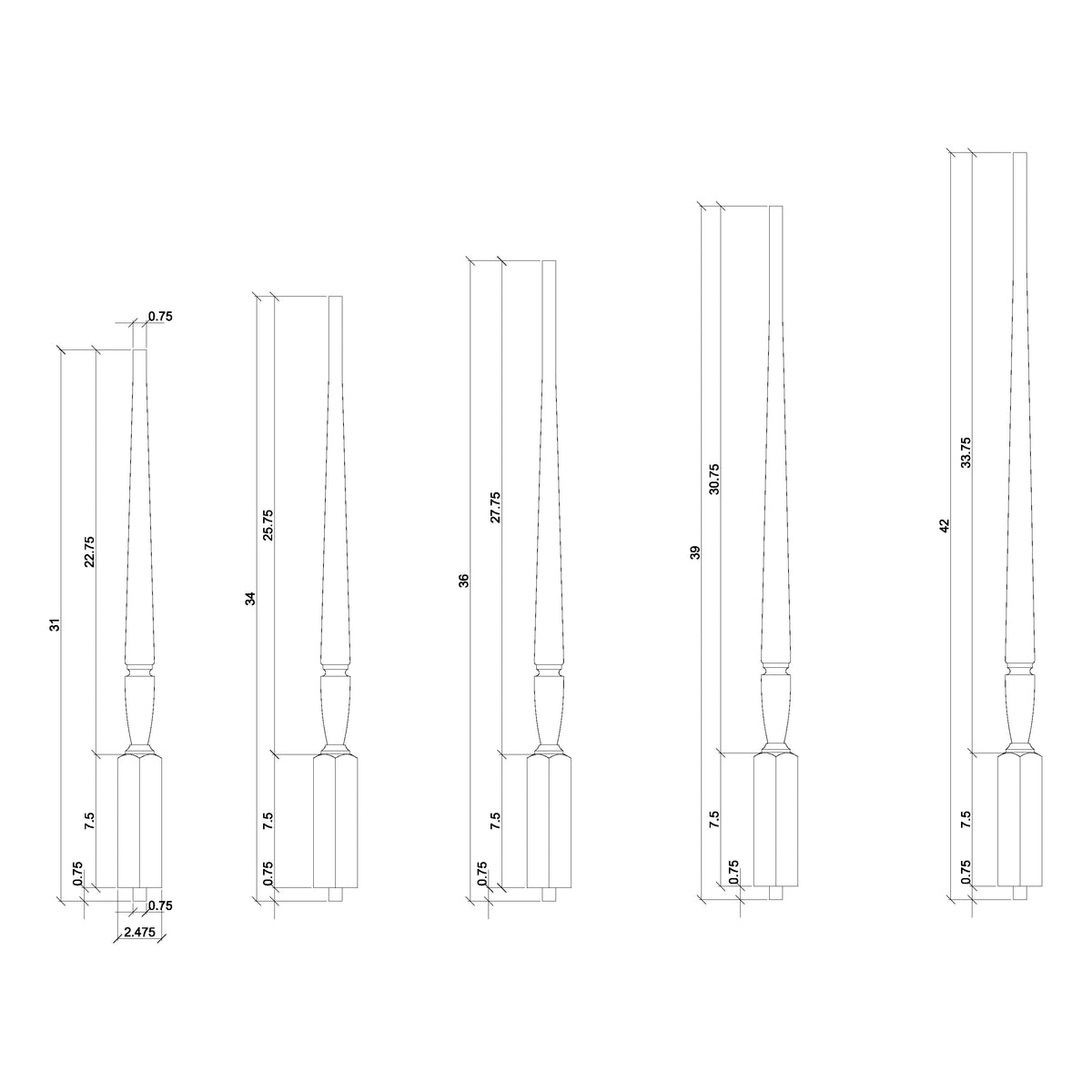 Bunker Hill 1-3/4&quot; Structural Rise TWISTED Pin Top Baluster (2015T)