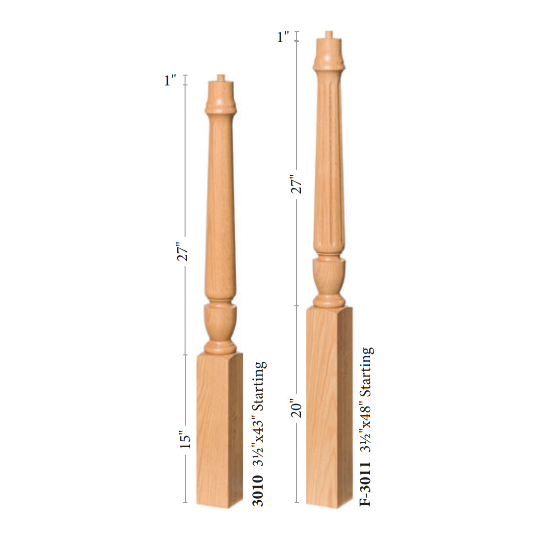 Bunker Hill 3-1/2&quot; 3010/3011 Pin Top Turned Newel (43&quot; and 48&quot; in Plain, Fluted, or Twisted)