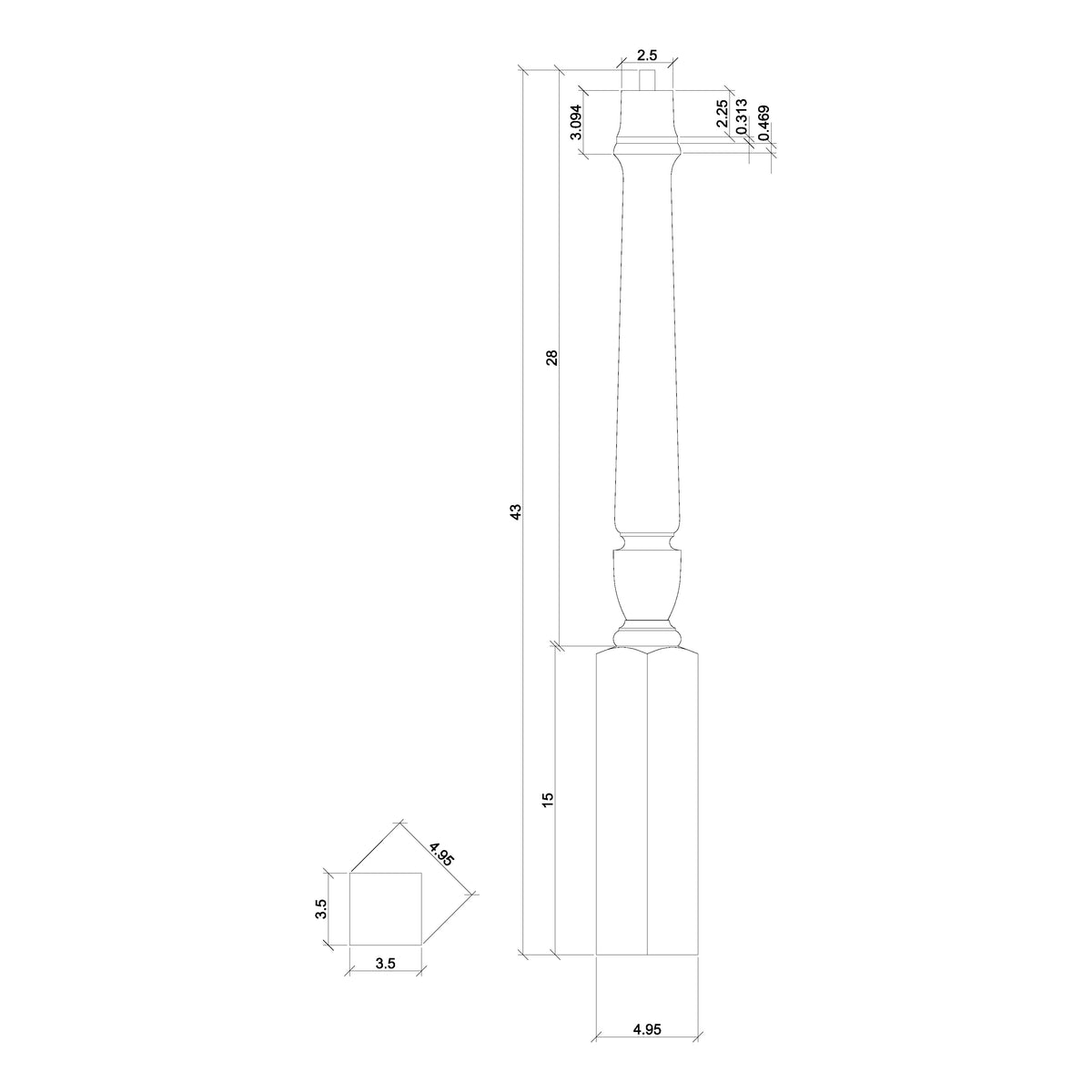 Bunker Hill 3-1/2&quot; 3010/3011 Pin Top Turned Newel (43&quot; and 48&quot; in Plain, Fluted, or Twisted)
