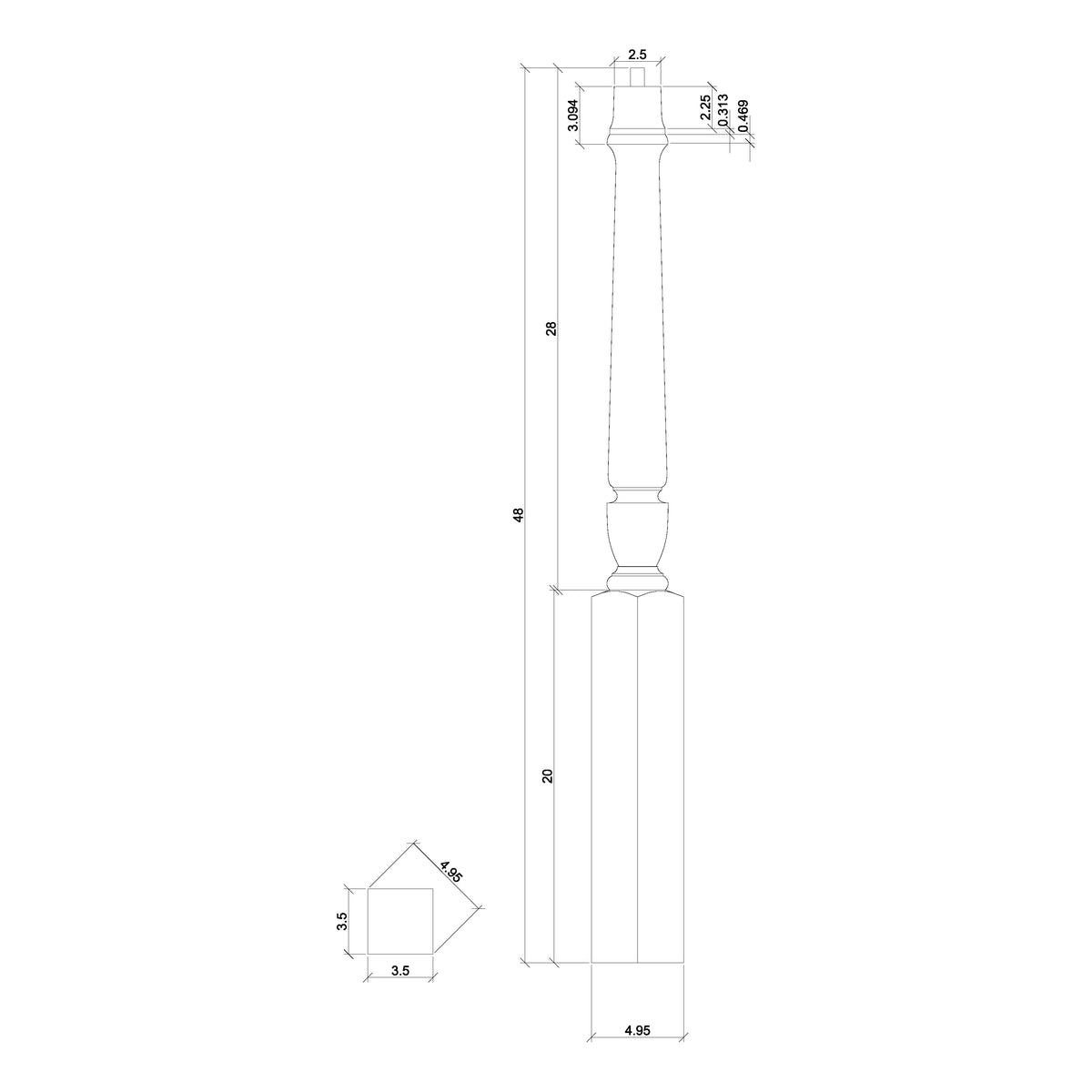 Bunker Hill 3-1/2&quot; 3010/3011 Pin Top Turned Newel (43&quot; and 48&quot; in Plain, Fluted, or Twisted)