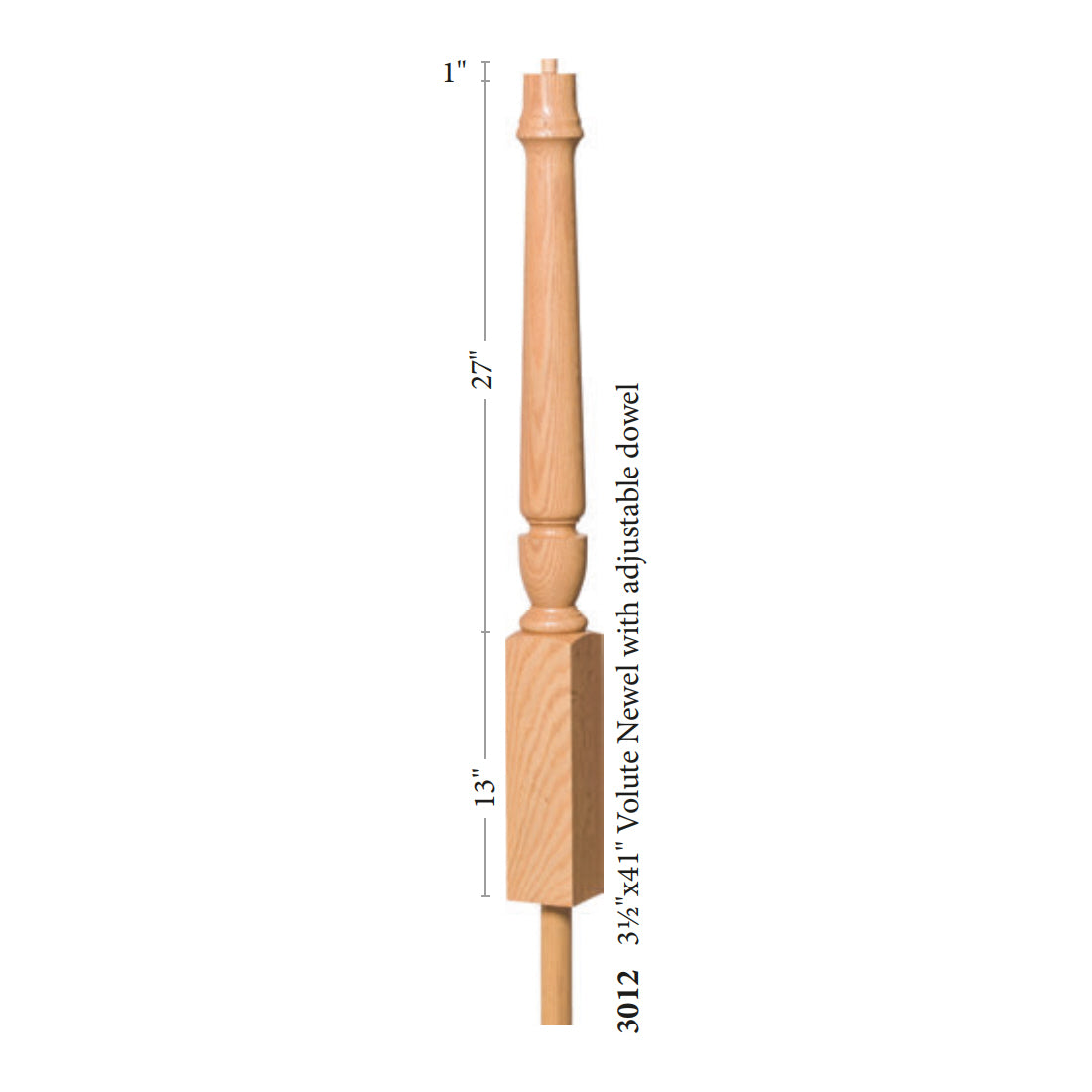 Bunker Hill 3-1/2&quot; 3012 Pin Top Turned Newel w/Adjustable Dowel (3012, 3012F, 3012T)