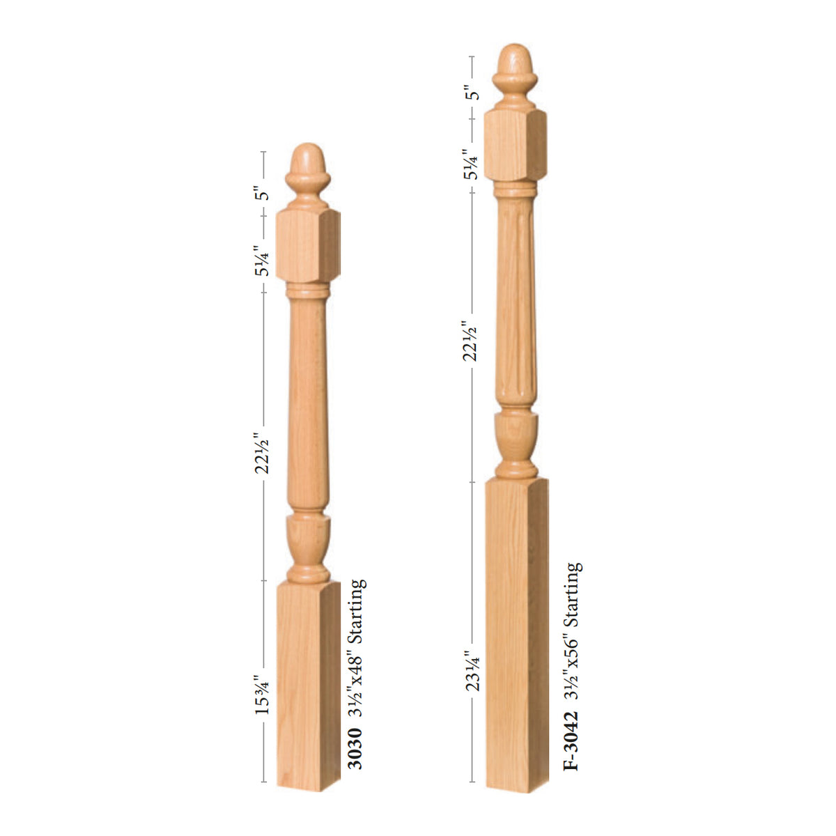 Bunker Hill 3-1/2&quot; 3030/3042 Turned Newel w/ Acorn Top (3030, 3030F, 3030T, 3042, 3042F, 3042T)