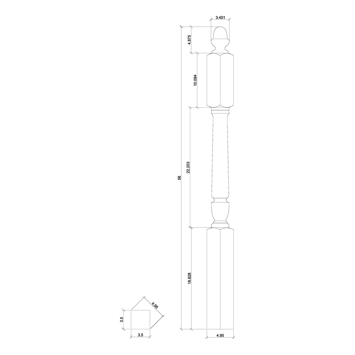 Bunker Hill 3-1/2&quot; 3045 Turned Newel w/ Acorn Top (3045, 3045F, 3045T)