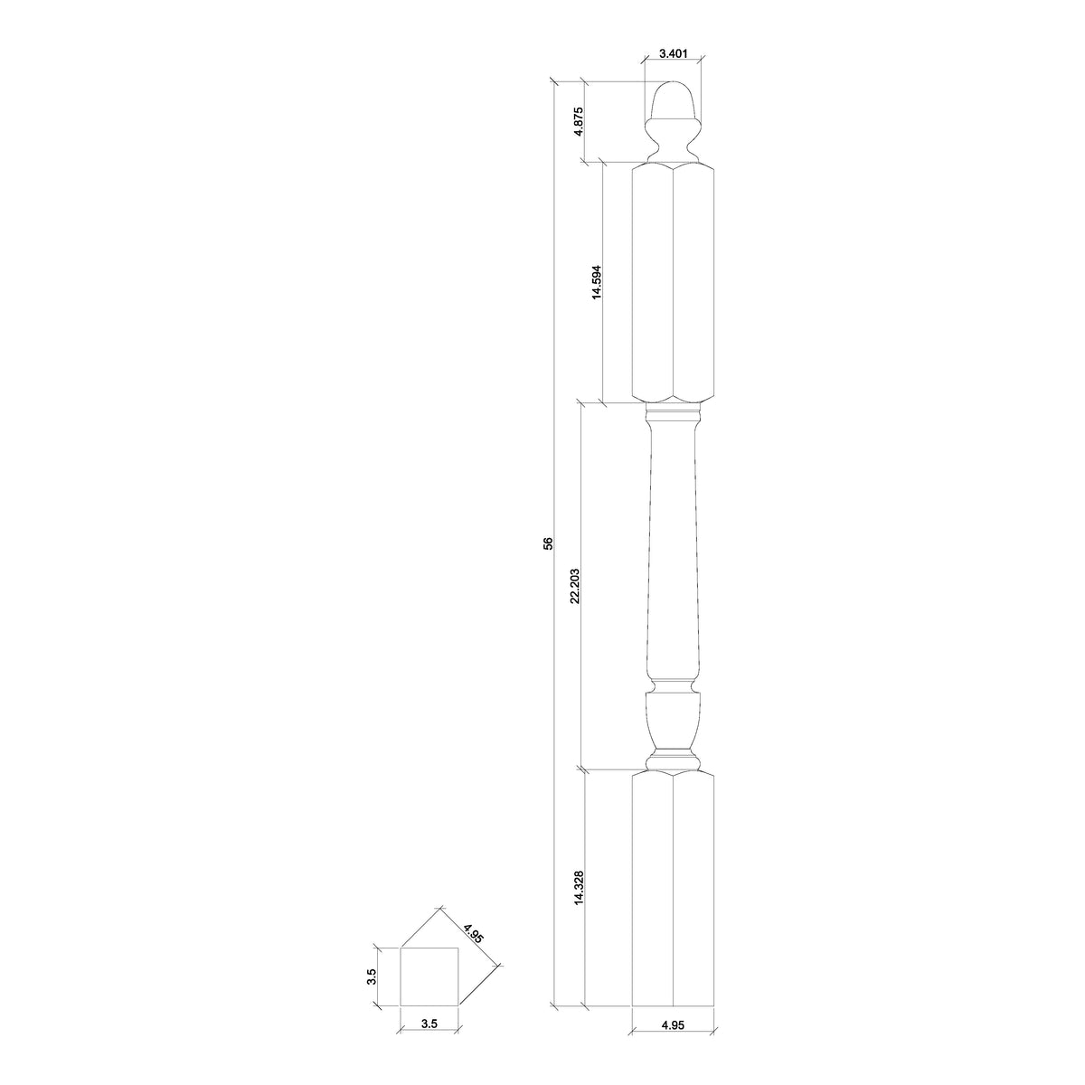 Bunker Hill 3-1/2&quot; 3046 Long Block Turned Newel w/ Acorn Top (3046, 3046F, 3046T)