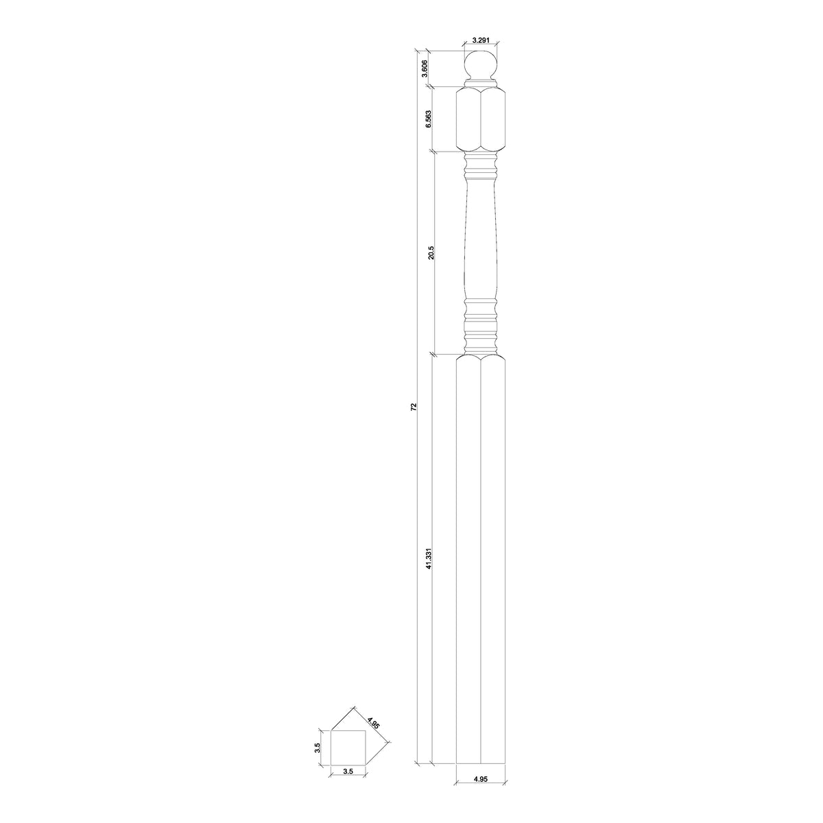Hampton 3-1/2" 4500 Short Block Turned Newel (4500, 4504, 4508)