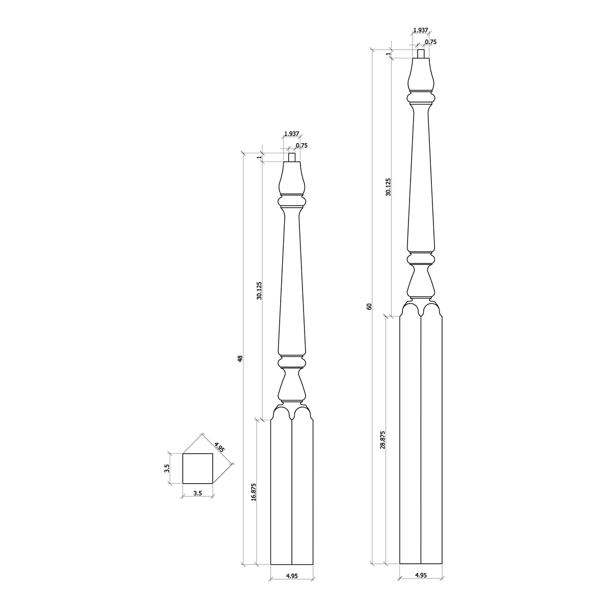 Ohio 3-1/2" Pin Top Turned Newel (4811, 4815)