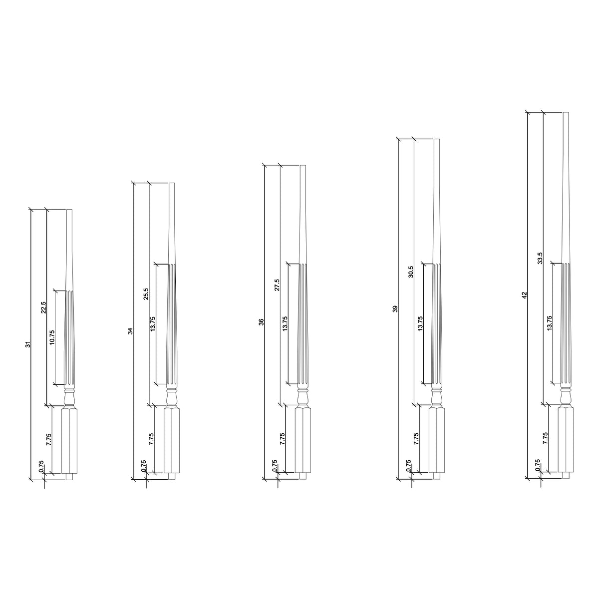 Colonial 1-1/4&quot; 5015F Structural Rise FLUTED Pin Top Baluster (5015F)