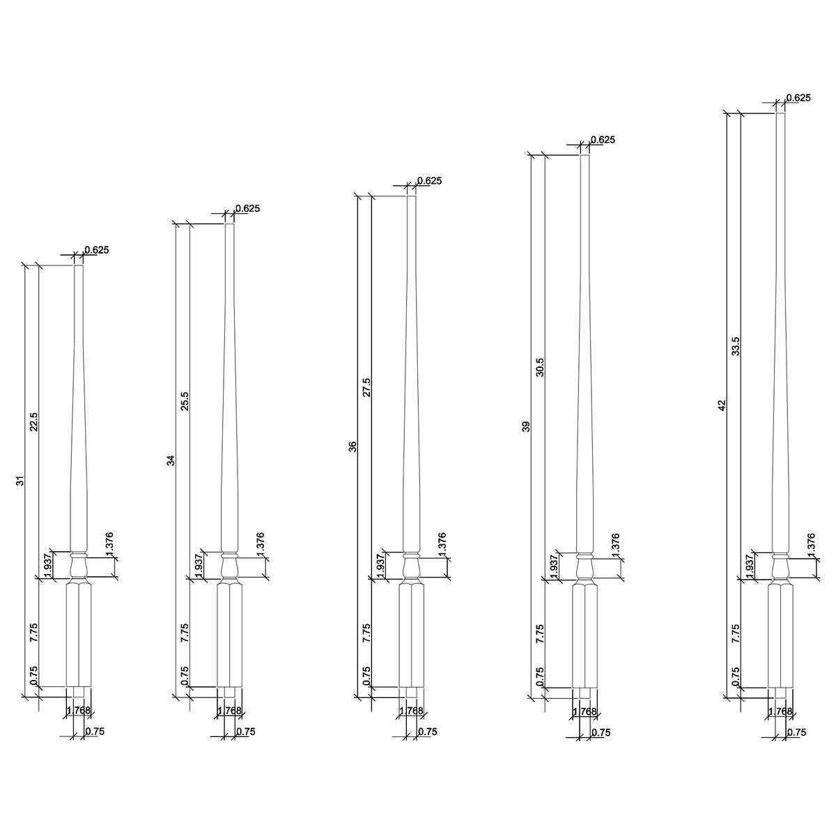Colonial 1-1/4&quot; 5015 Structural Rise Pin Top Baluster (5015)