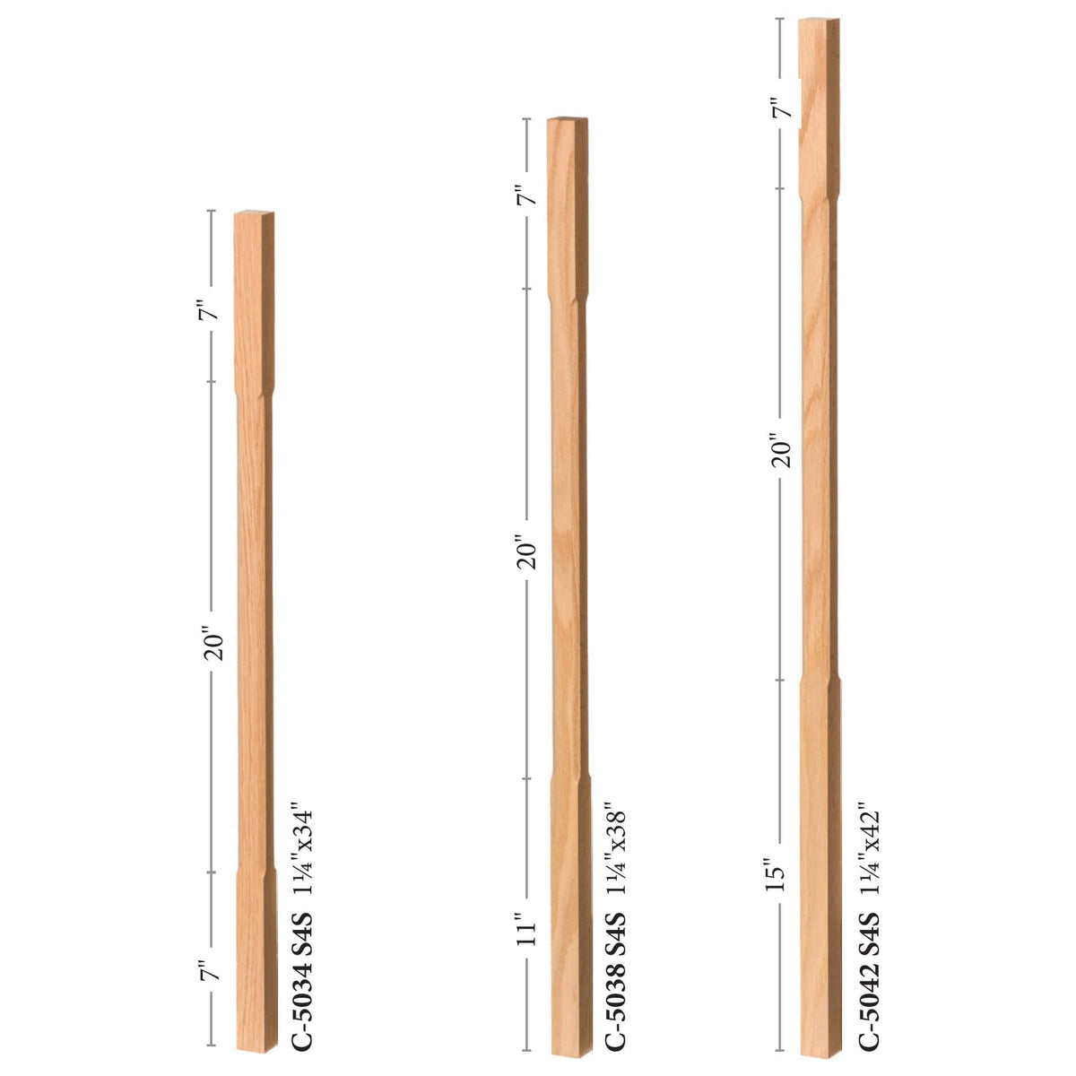 Contemporary Elegant Rise Chamfered Square Top Baluster in 1-1/4&quot; or 1-3/4&quot; (5034C, 5038C, 5042C, 5334C, 5338C, 5342C)