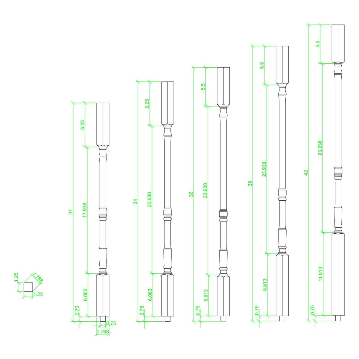 Colonial 1-1/4&quot; 5067 Elegant Rise Square Top Baluster