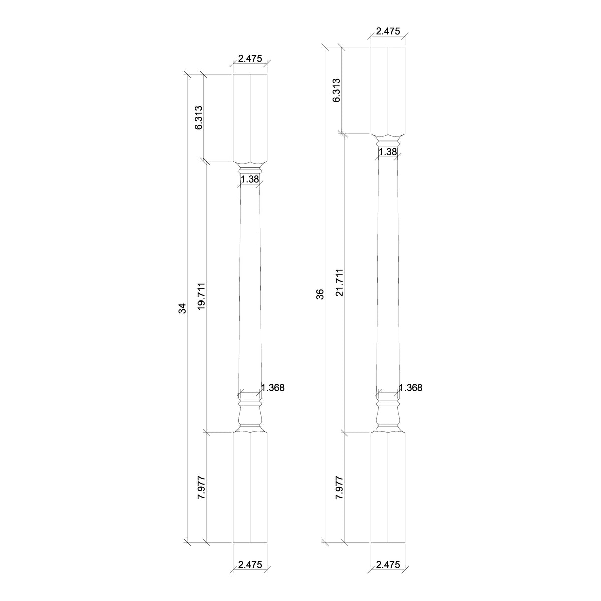 Colonial 1-3/4&quot; 5241 Structural Rise Square Top Baluster