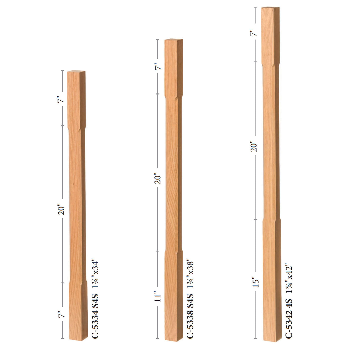 Contemporary Elegant Rise Chamfered Square Top Baluster in 1-1/4&quot; or 1-3/4&quot; (5034C, 5038C, 5042C, 5334C, 5338C, 5342C)