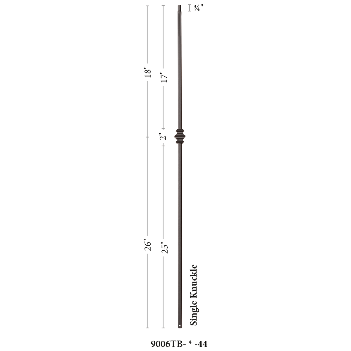 Shape Series 1/2&quot; Square x 44&quot;H Single Knuckle Hollow Iron Baluster (9006)