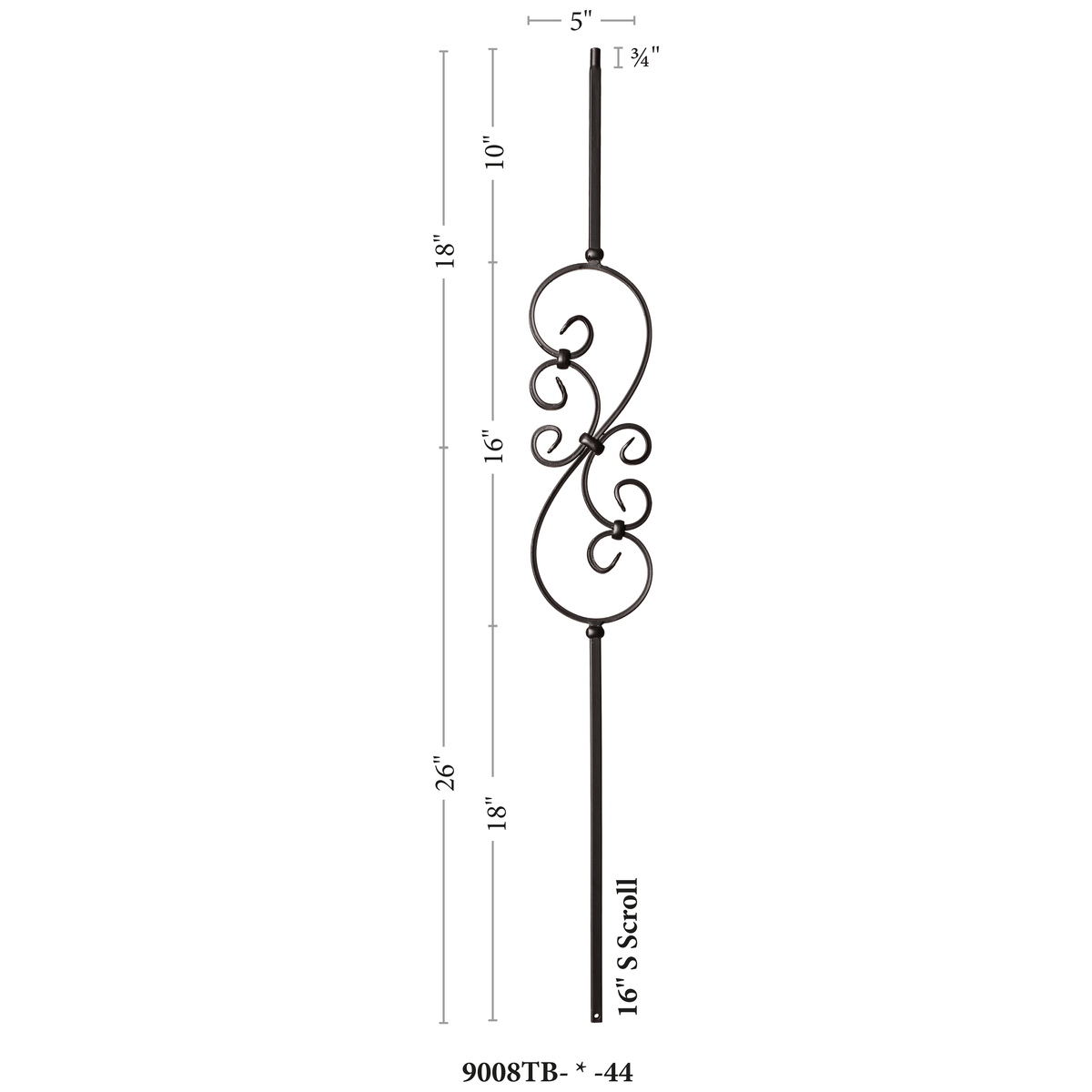 Scroll Series 1/2&quot; Square x 44&quot;H Small S Scroll (5-3/8&quot; x 16&quot;) Hollow Iron Baluster (9008)