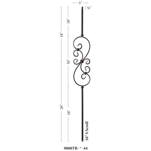 Scroll Series 1/2" Square x 44"H Small S Scroll (5-3/8" x 16") Hollow Iron Baluster (9008)