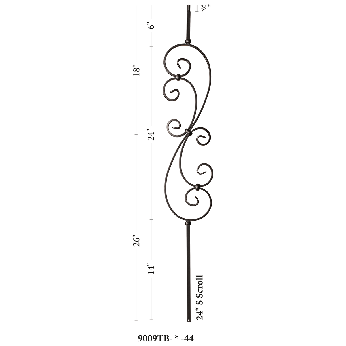 Scroll Series 1/2&quot; Square x 44&quot;H - 7&quot; x 24&quot; Scroll Hollow Iron Baluster (9009)