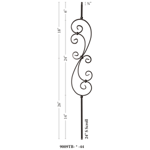 Scroll Series 1/2" Square x 44"H - 7" x 24" Scroll Hollow Iron Baluster (9009)