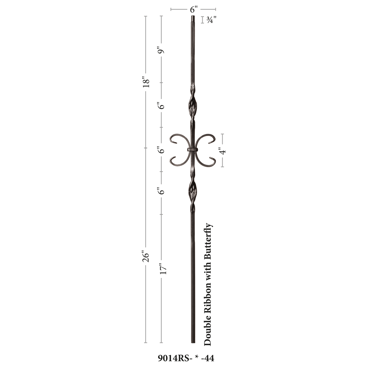 Ribbon Series 1/2&quot;Square x 44&quot;H Double Ribbon and Butterfly Hollow Iron Baluster (9014RS)