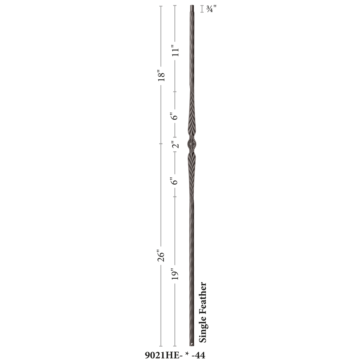 Hammered Edge Series 9/16&quot; Square x 44&quot;H Single Feather with Hammered Edge Hollow Iron Baluster (9021HE)