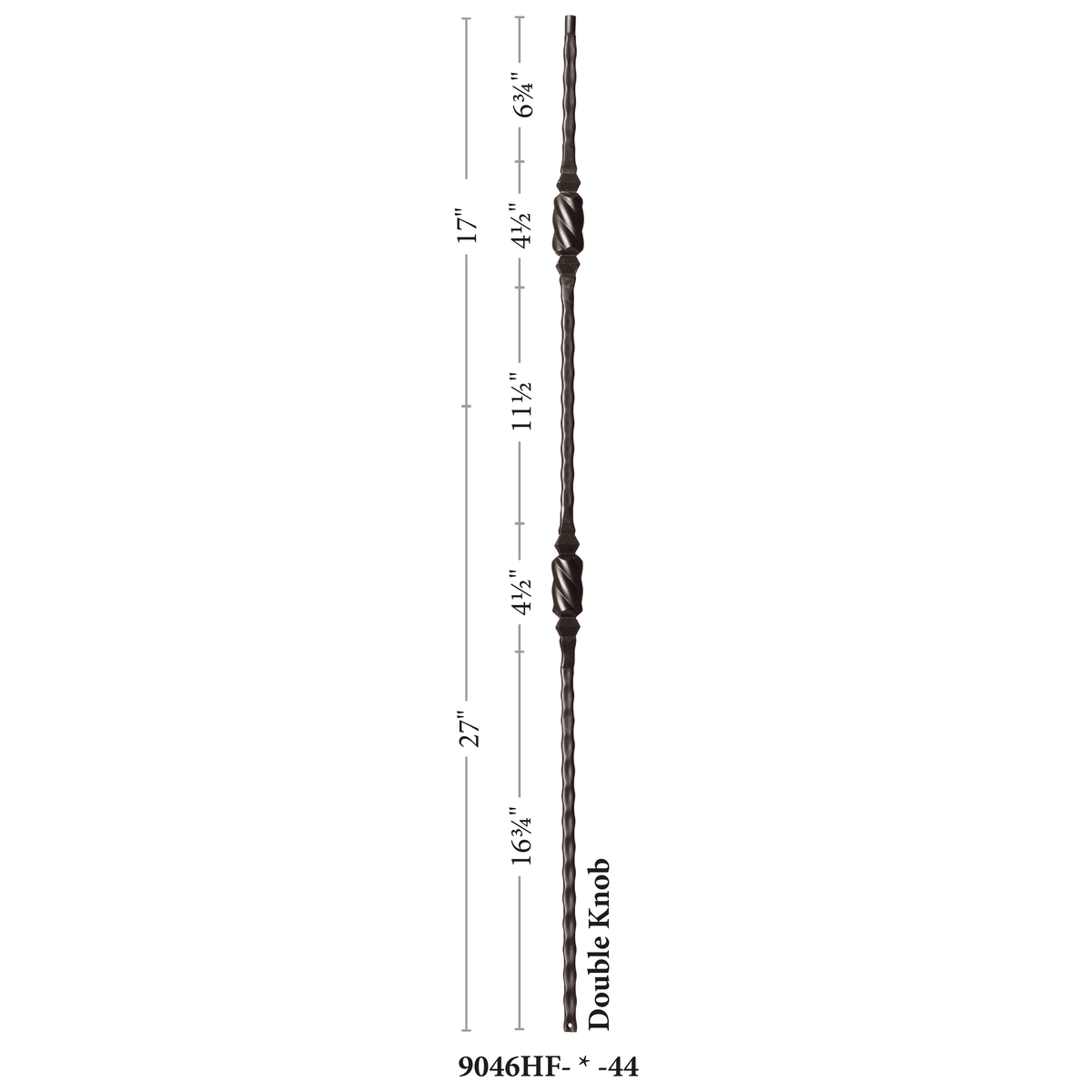 Hammered Face Series 9/16" Square x 44-3/32"H Double Knob with Hammered Face - Hollow Iron Baluster (9046HF)