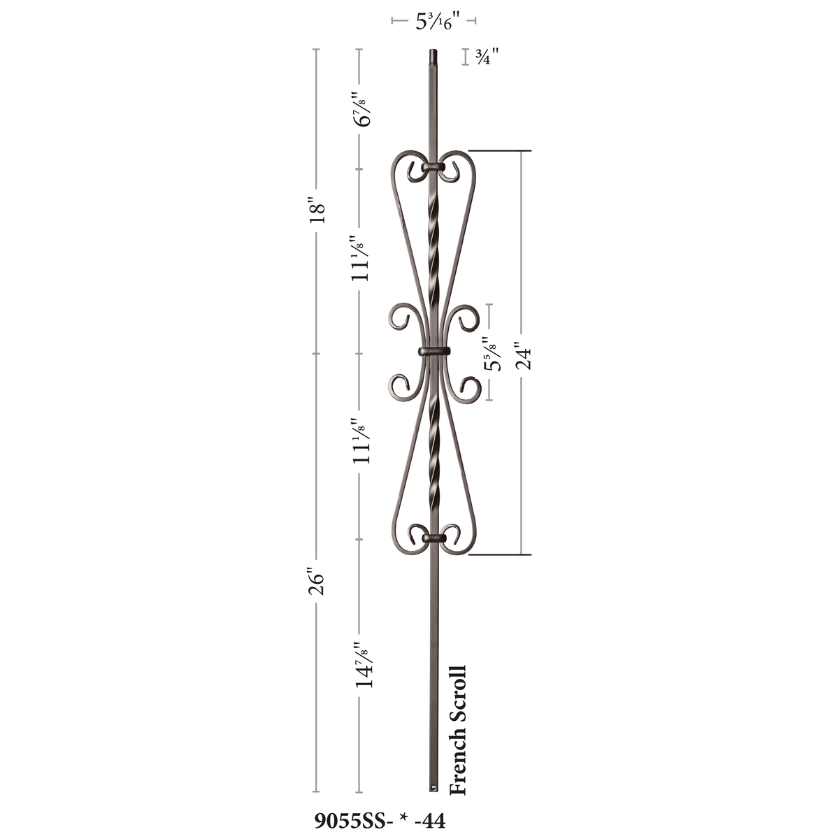 Scroll Series 1/2&quot; Square x (5-3/16&quot;W x 24&quot;H) x 44&quot;H French Scroll Hollow Iron Baluster (9055SS)