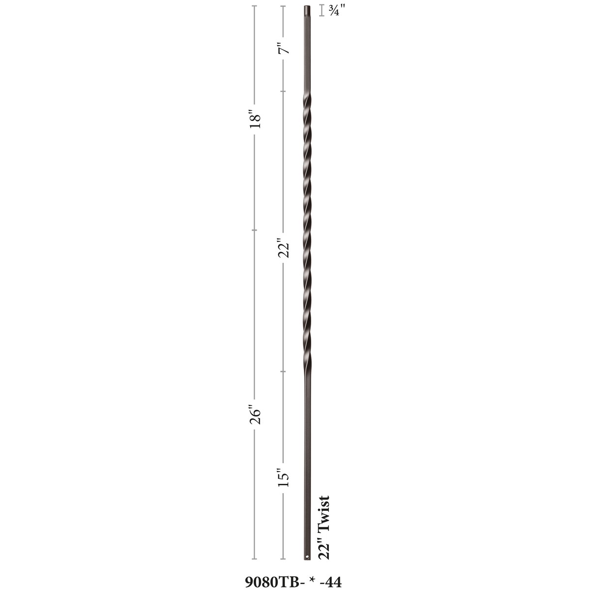 Twist Series 1/2&quot; Square x 44&quot;H Long 22&quot; Twist Hollow Iron Baluster (9080)